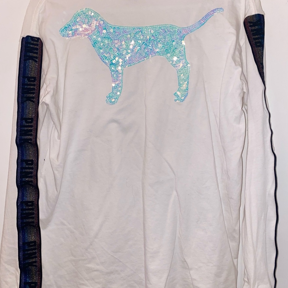 PINK Victoria's Secret White Long Sleeve Tee with Blue Accents